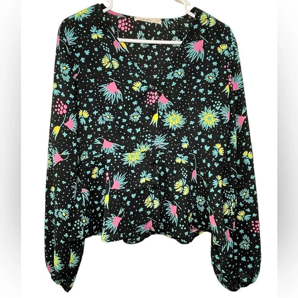 Rokoko Peplum Top Black Floral Button Up Size Medium Boho Long Sleeve Colorful - Picture 6 of 6